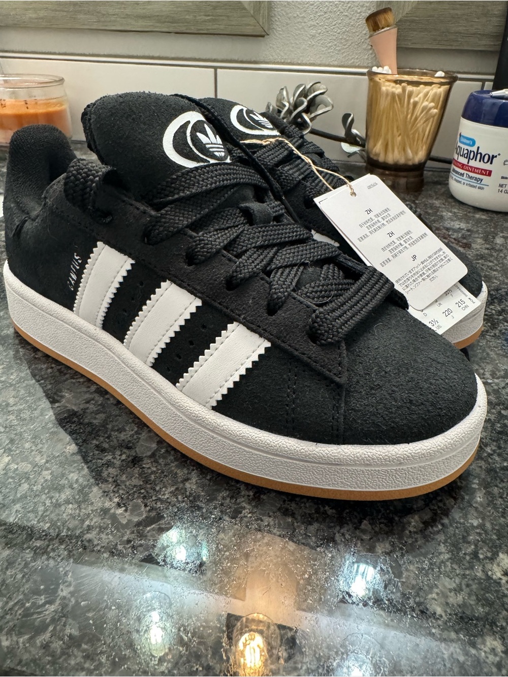 adidas Kids Black Suede Sneakers with White Stripes